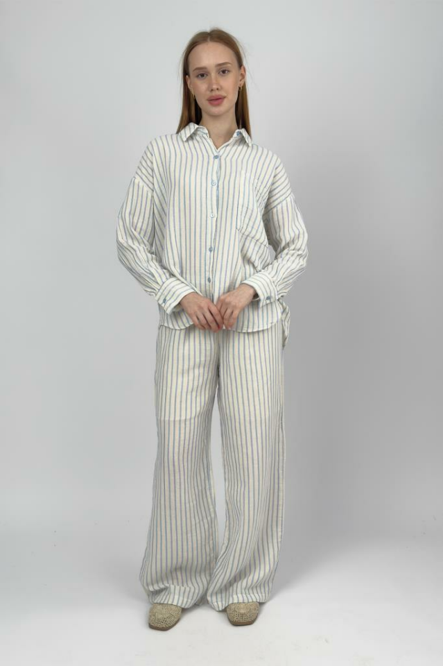 Kadın Çizgili Pamuklu Gömlek Pantolon Takım MAVİ - S