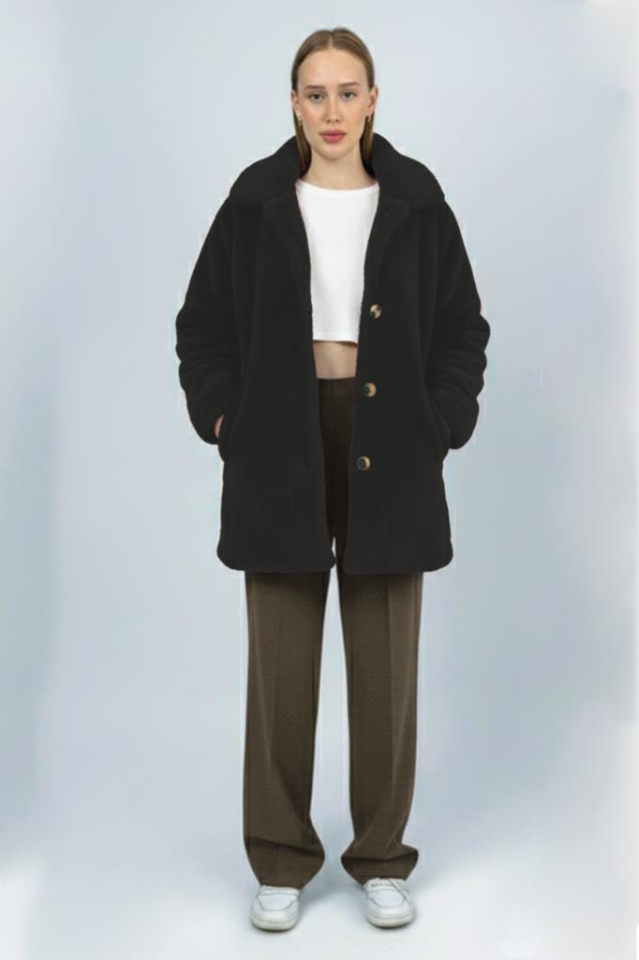 Kadın Peluş Düğmeli Cepli Teddy Gömlek Yaka Sıcak Tutucu Yumuşak Kışlık Ceket Siyah - S