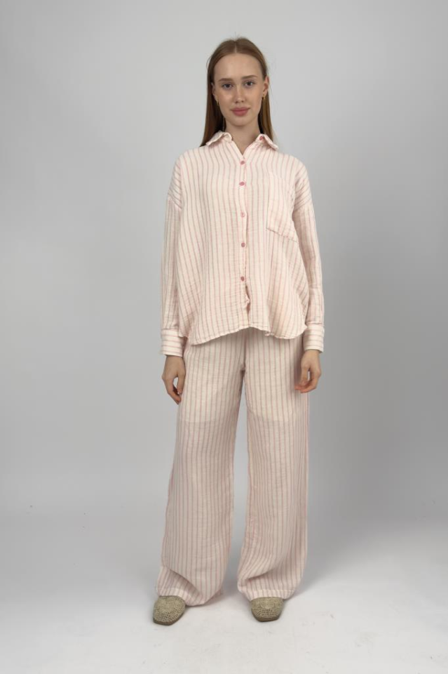 Kadın Çizgili Pamuklu Gömlek Pantolon Takım PEMBE - S