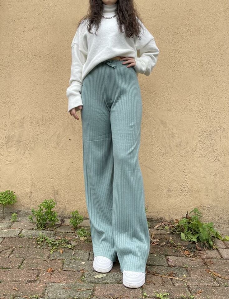 Kadın Fitilli Çizgili Penye Raporlu Pamuklu Pijama Altı Eşofman Ş.Mint Yeşili - STANDART