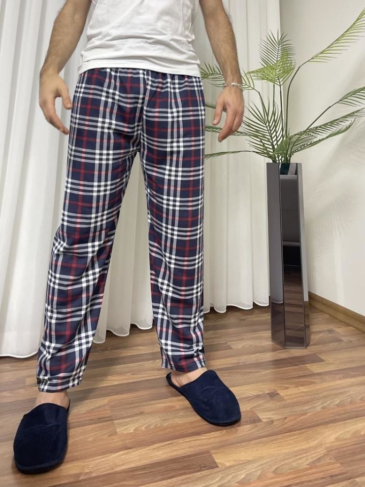 Erkek %100 Pamuk Cepsiz Beli Lastikli Pijama Altı Eşofman Koyu Lacivert Kare - M