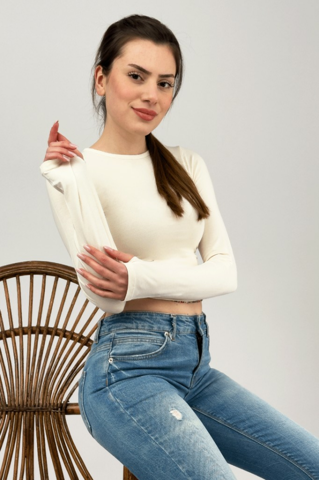 Kadın Bisiklet Yaka Parmak Detaylı Spor Body Basic Soft Touch Spor Crop EKRU - M