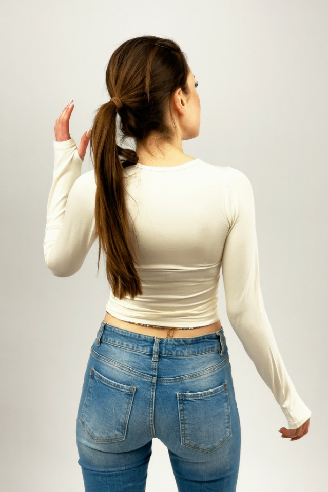 Kadın Bisiklet Yaka Parmak Detaylı Spor Body Basic Soft Touch Spor Crop EKRU - M
