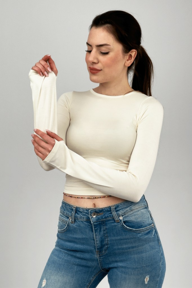 Kadın Bisiklet Yaka Parmak Detaylı Spor Body Basic Soft Touch Spor Crop EKRU - M