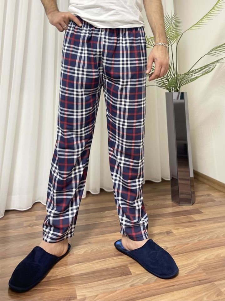 Erkek %100 Pamuk Cepsiz Beli Lastikli Pijama Altı Eşofman Koyu Lacivert Kare - XL