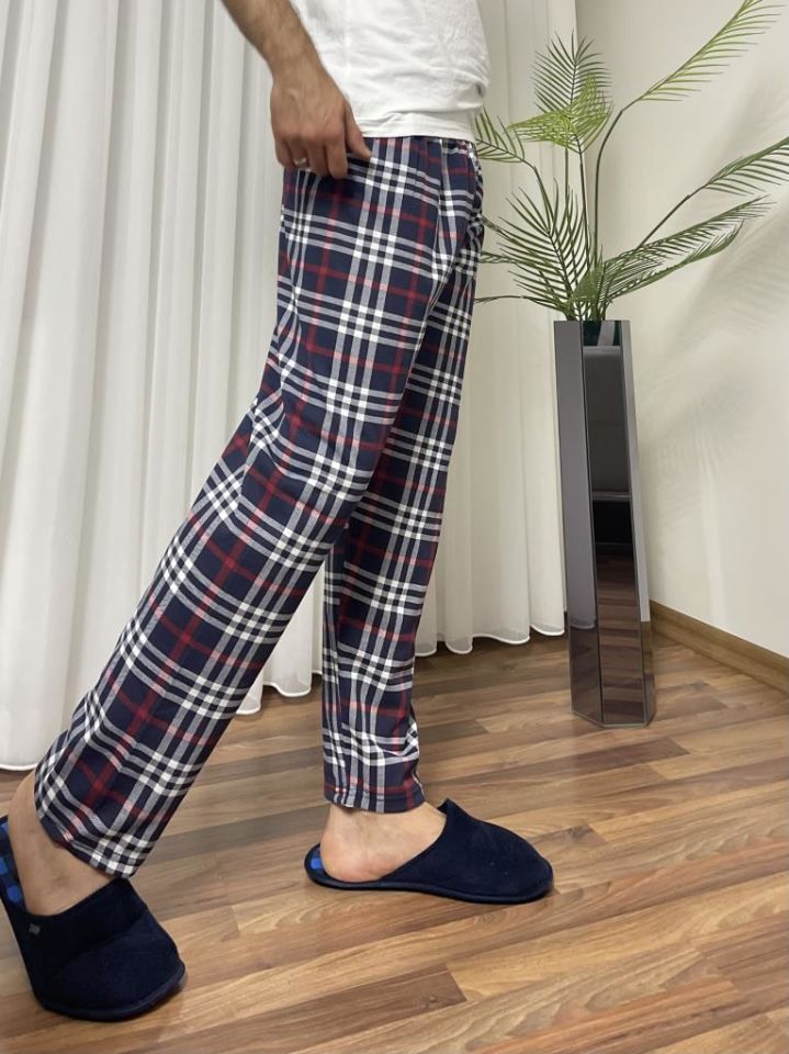 Erkek %100 Pamuk Cepsiz Beli Lastikli Pijama Altı Eşofman Koyu Lacivert Kare - XL
