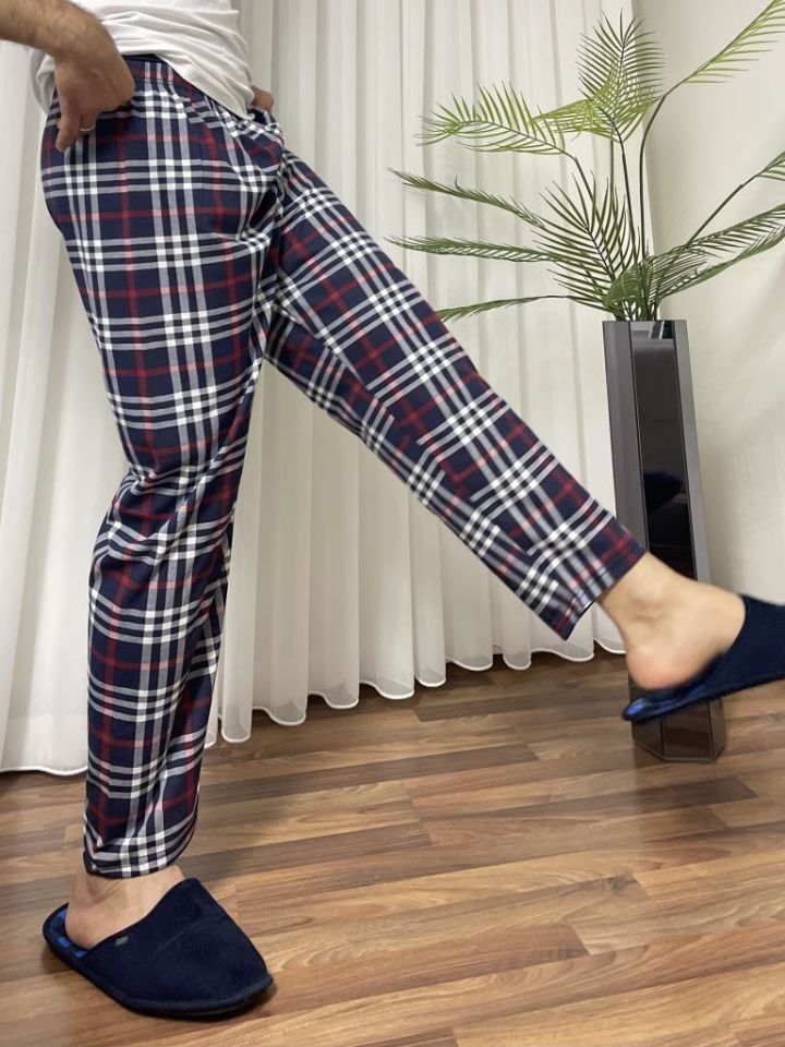 Erkek %100 Pamuk Cepsiz Beli Lastikli Pijama Altı Eşofman Koyu Lacivert Kare - XL