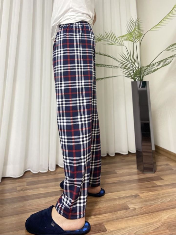 Erkek %100 Pamuk Cepsiz Beli Lastikli Pijama Altı Eşofman Koyu Lacivert Kare - XL