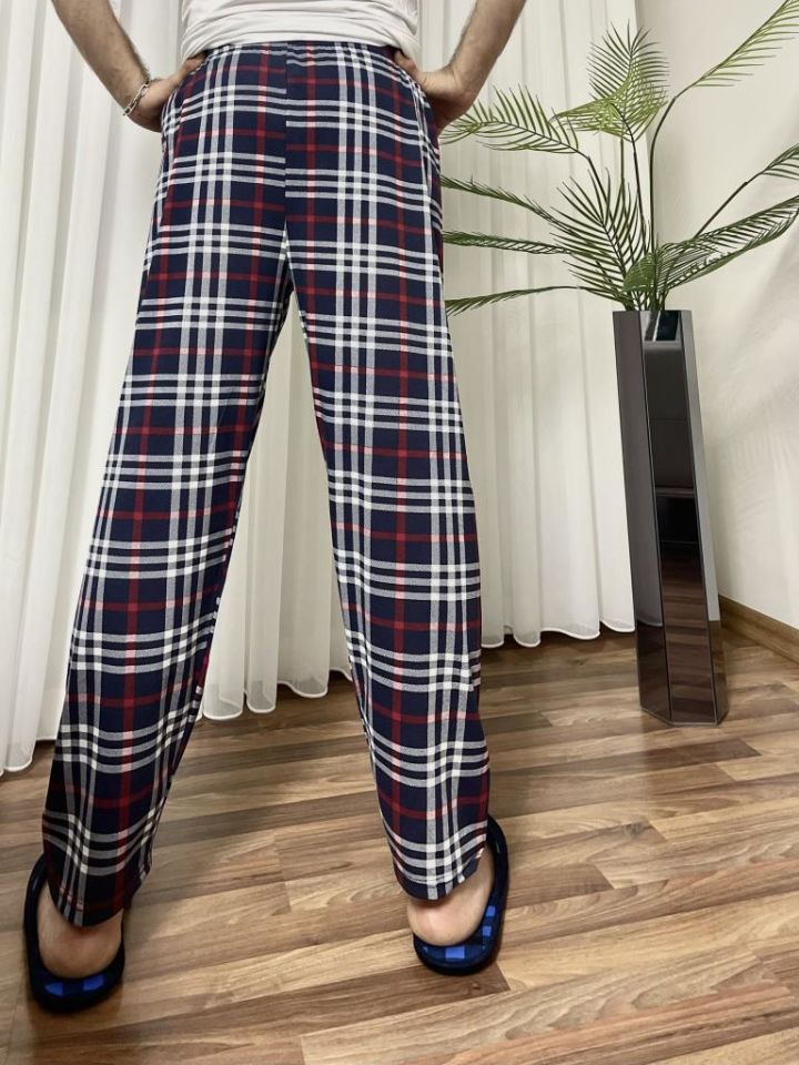 Erkek %100 Pamuk Cepsiz Beli Lastikli Pijama Altı Eşofman Koyu Lacivert Kare - XL