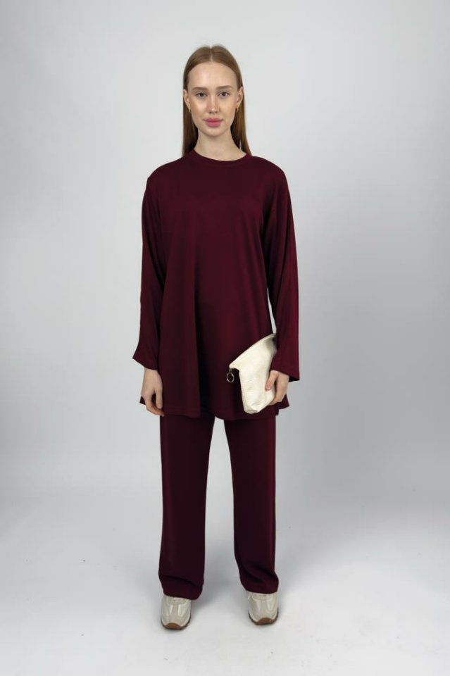 Kadın Modal Tencel Tunik Pantolon Takım Bordo - L/XL