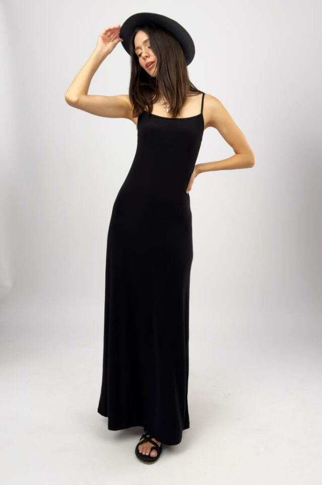 Kadın Maxi Sandy Kumaş İp Askılı Düz Renk Fitted/Vücuda Oturan Dar Esnek Rahat Saran Uzun Elbise SİYAH - M