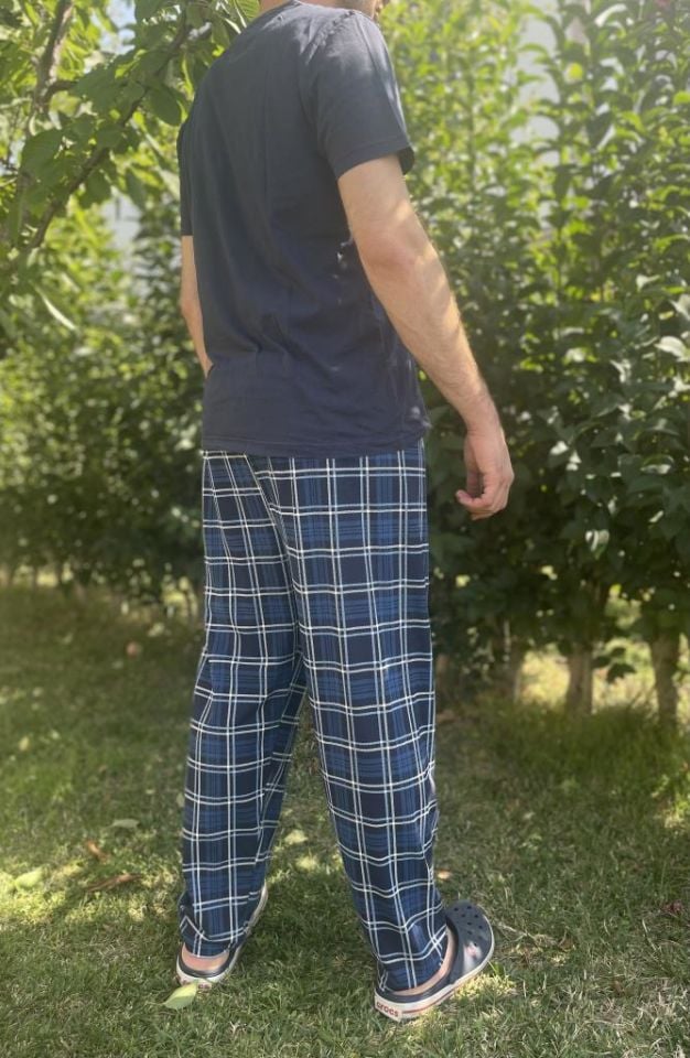 Erkek %100 Pamuk Cepsiz Beli Lastikli Pijama Altı Eşofman Lacivert Kare - M