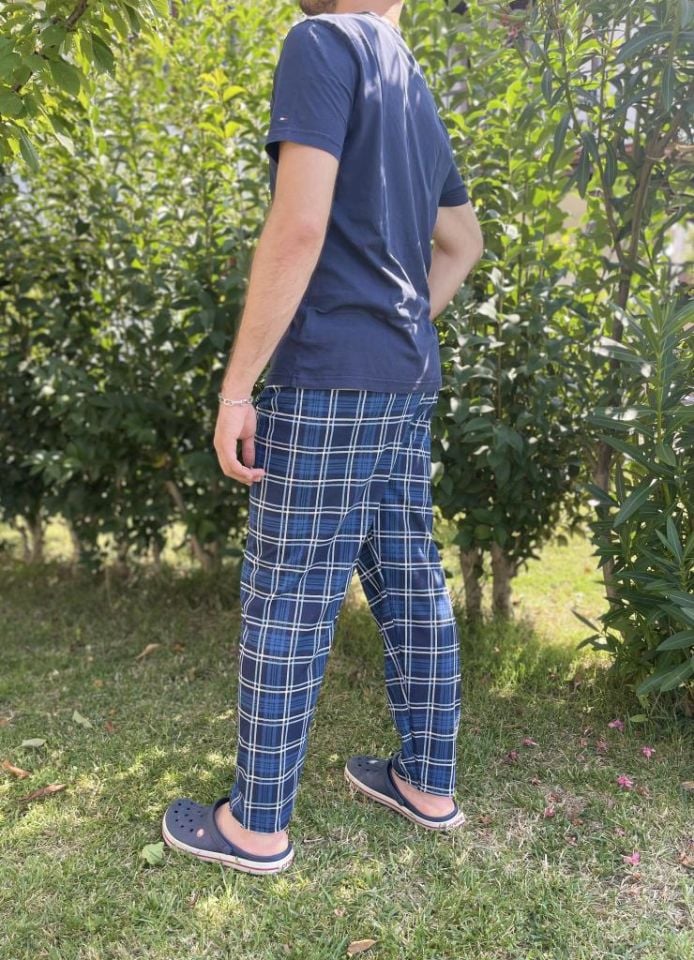 Erkek %100 Pamuk Cepsiz Beli Lastikli Pijama Altı Eşofman Lacivert Kare - M