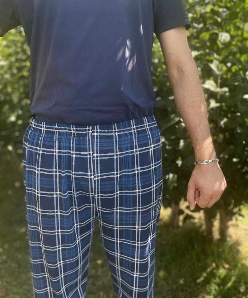 Erkek %100 Pamuk Cepsiz Beli Lastikli Pijama Altı Eşofman Lacivert Kare - M