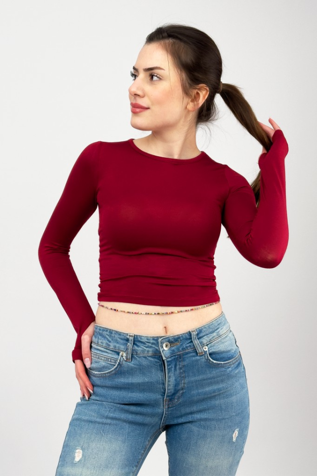 Kadın Bisiklet Yaka Parmak Detaylı Spor Body Basic Soft Touch Spor Crop BORDO - M