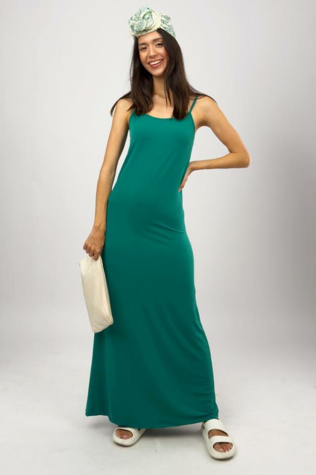 Kadın Maxi Sandy Kumaş İp Askılı Düz Renk Fitted/Vücuda Oturan Dar Esnek Rahat Saran Uzun Elbise YEŞİL - M
