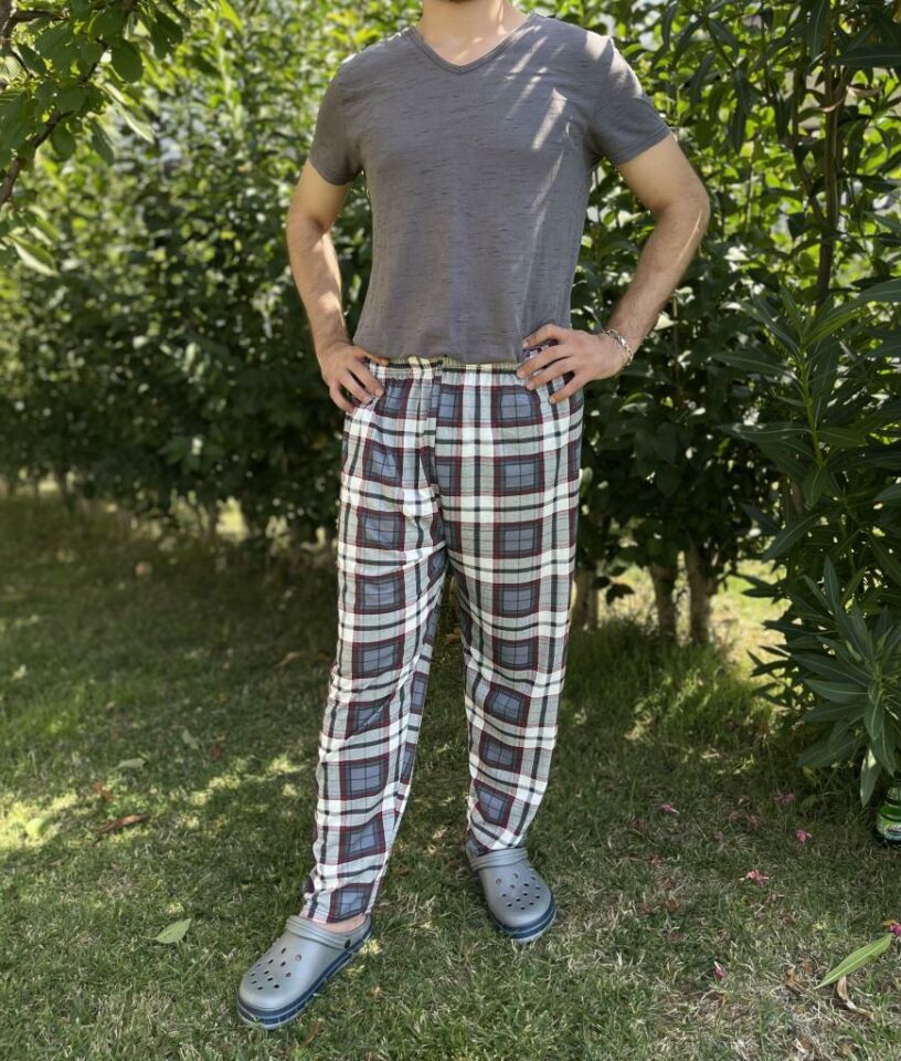 Erkek %100 Pamuk Cepsiz Beli Lastikli Pijama Altı Eşofman Antrasit Kare - L