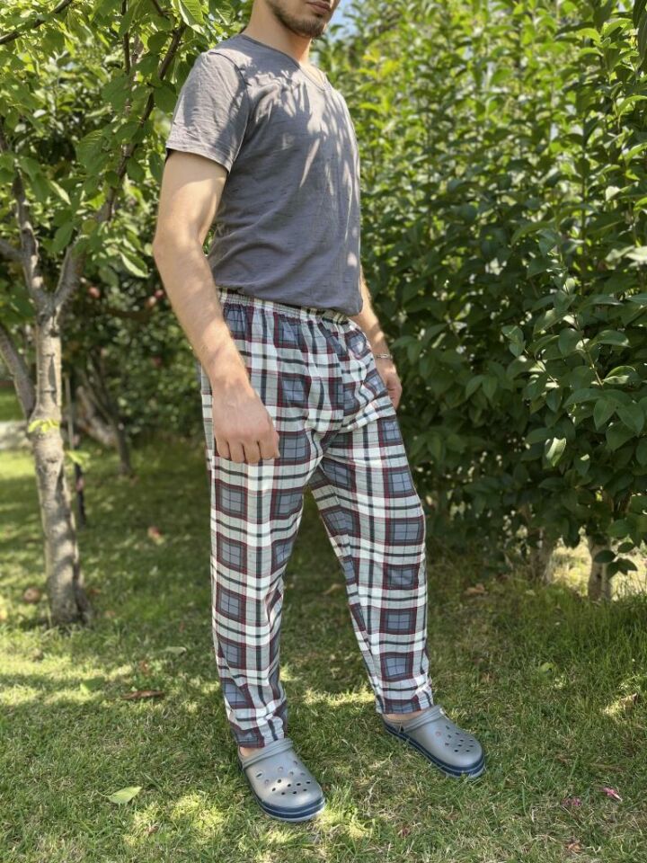 Erkek %100 Pamuk Cepsiz Beli Lastikli Pijama Altı Eşofman Antrasit Kare - L