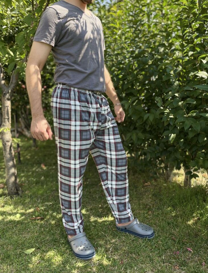 Erkek %100 Pamuk Cepsiz Beli Lastikli Pijama Altı Eşofman Antrasit Kare - L