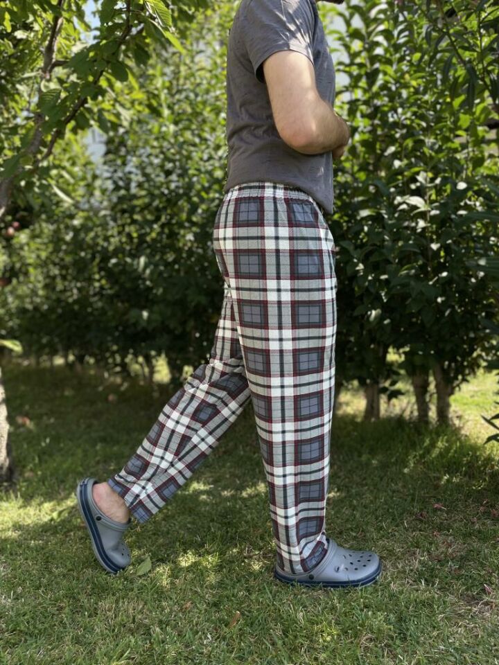 Erkek %100 Pamuk Cepsiz Beli Lastikli Pijama Altı Eşofman Antrasit Kare - L