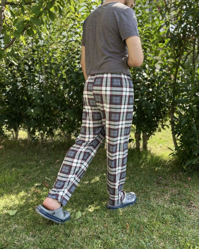 Erkek %100 Pamuk Cepsiz Beli Lastikli Pijama Altı Eşofman Antrasit Kare - L