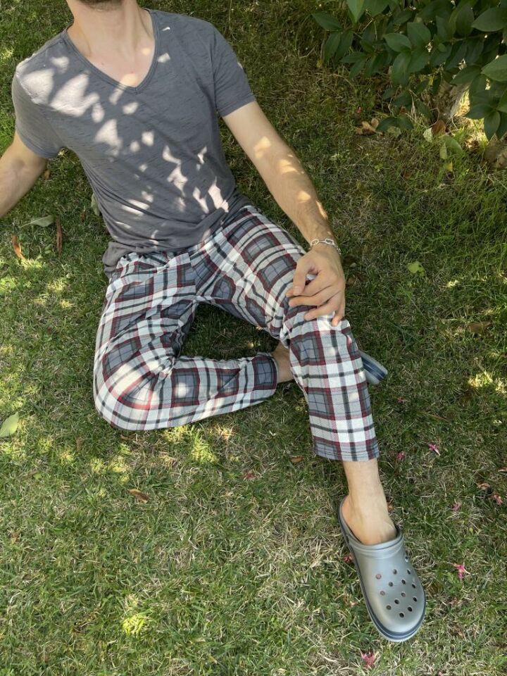 Erkek %100 Pamuk Cepsiz Beli Lastikli Pijama Altı Eşofman Antrasit Kare - L