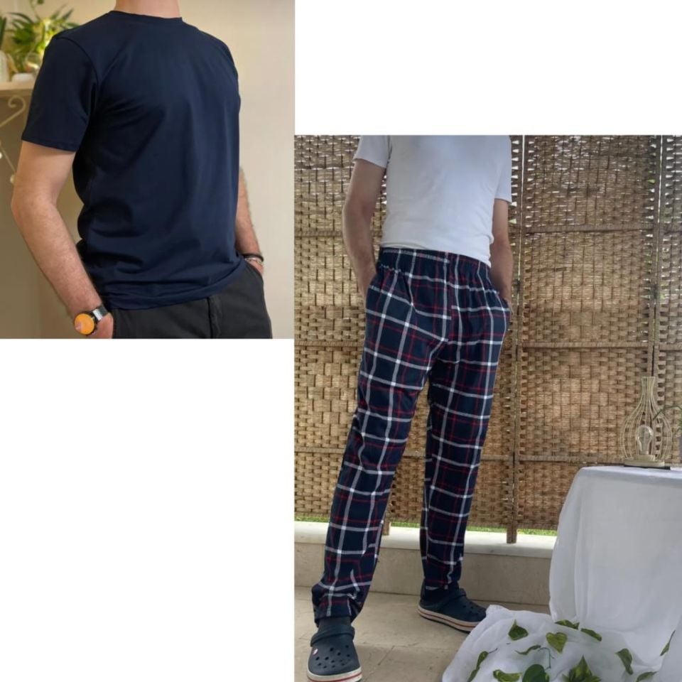 Cepli Regular Fit Alt Pamuklu Örme Bisiklet Yaka Erkek Pijama Takımı Lacivert Kare- Lacivert - S