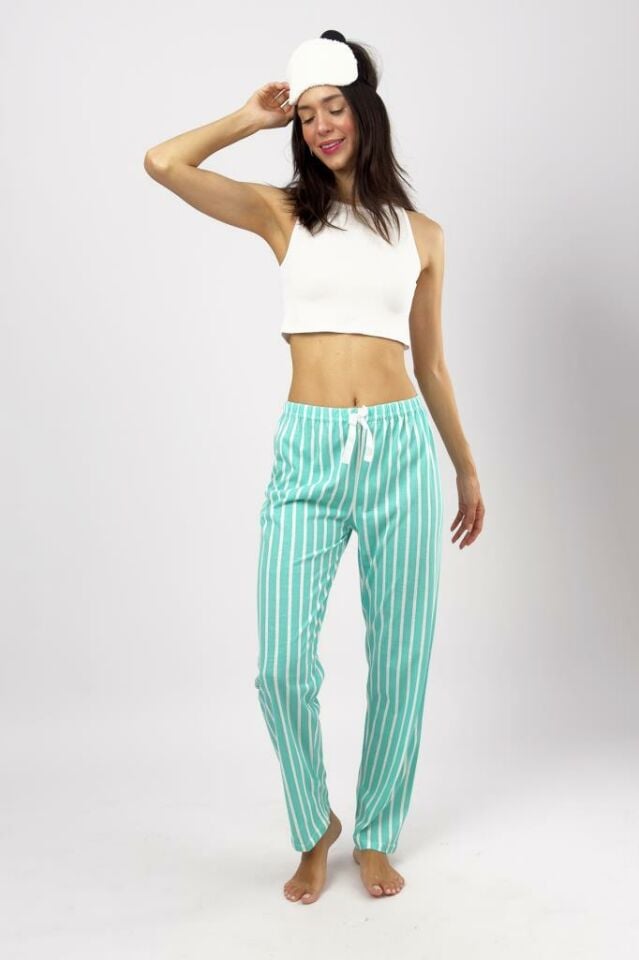 Betimoda Kadın Pijama Altı Kurdeleli Çizgili Nil Yeşili Çizgili - L