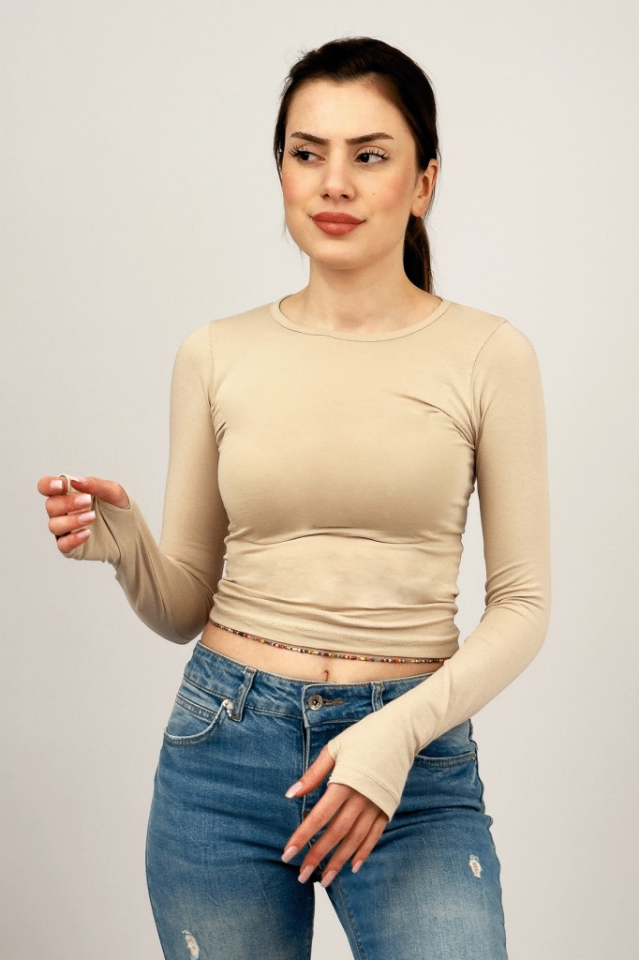 Kadın Bisiklet Yaka Parmak Detaylı Spor Body Basic Soft Touch Spor Crop BEJ - S