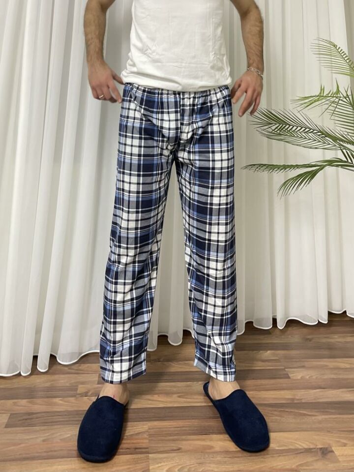 Erkek %100 Pamuk Cepsiz Beli Lastikli Pijama Altı Eşofman Açık Mavi Beyaz Kare - S