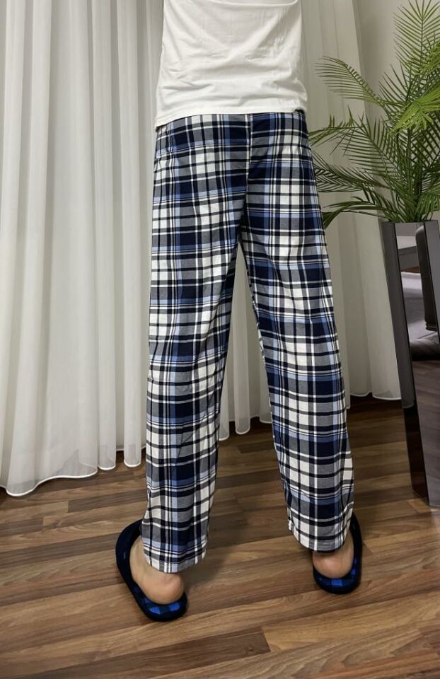 Erkek %100 Pamuk Cepsiz Beli Lastikli Pijama Altı Eşofman Açık Mavi Beyaz Kare - S
