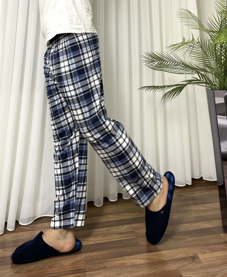 Erkek %100 Pamuk Cepsiz Beli Lastikli Pijama Altı Eşofman Açık Mavi Beyaz Kare - S