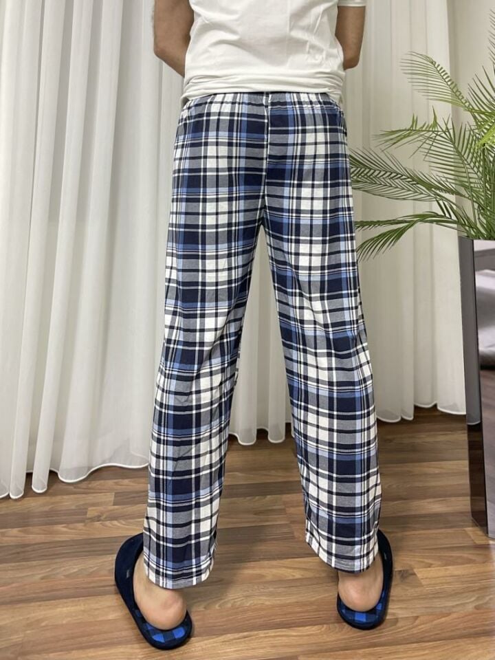Erkek %100 Pamuk Cepsiz Beli Lastikli Pijama Altı Eşofman Açık Mavi Beyaz Kare - S