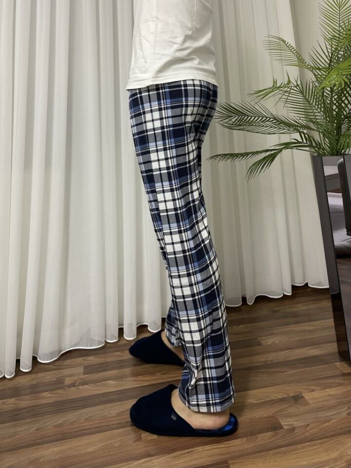 Erkek %100 Pamuk Cepsiz Beli Lastikli Pijama Altı Eşofman Açık Mavi Beyaz Kare - S