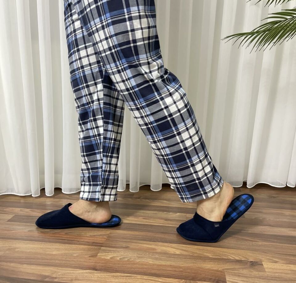 Erkek %100 Pamuk Cepsiz Beli Lastikli Pijama Altı Eşofman Açık Mavi Beyaz Kare - S