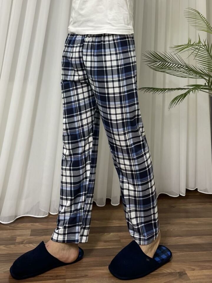 Erkek %100 Pamuk Cepsiz Beli Lastikli Pijama Altı Eşofman Açık Mavi Beyaz Kare - S