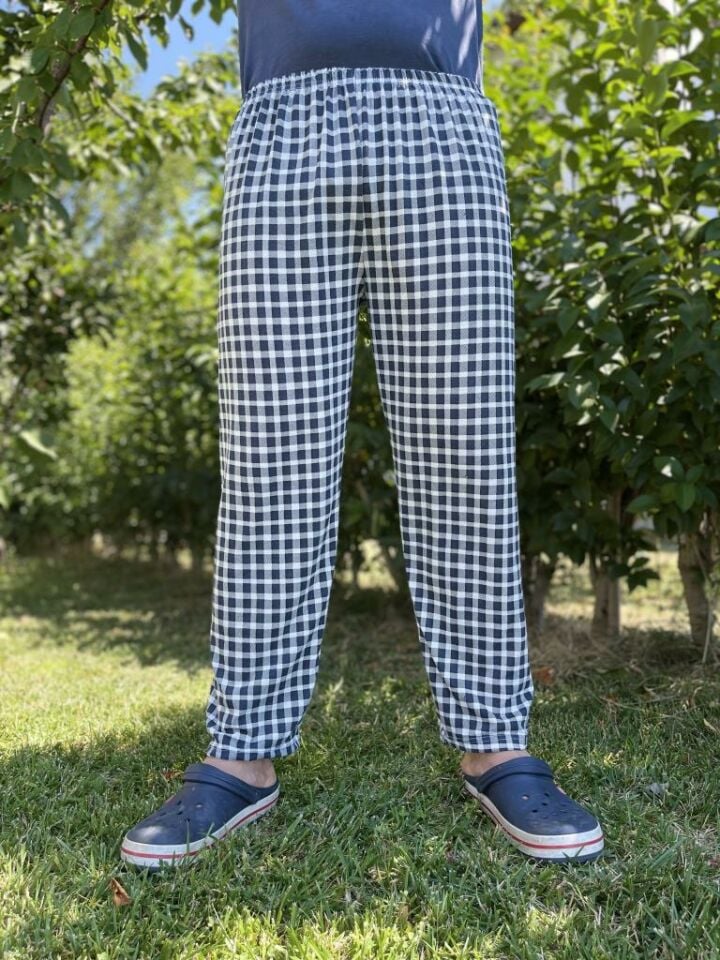 Erkek %100 Pamuk Cepsiz Beli Lastikli Pijama Altı Eşofman Laciveert Beyaz Kare - XXL