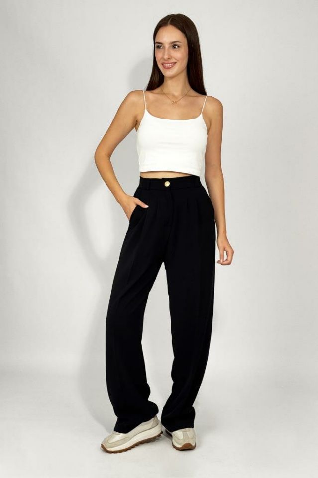 Kadın Düğmeli Cepli Geniş Paça Pileli Palazzo Pantolon Taş - XL