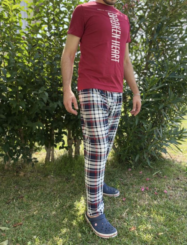 Erkek %100 Pamuk Cepsiz Beli Lastikli Pijama Altı Eşofman Bordo Lacivert Kare - S