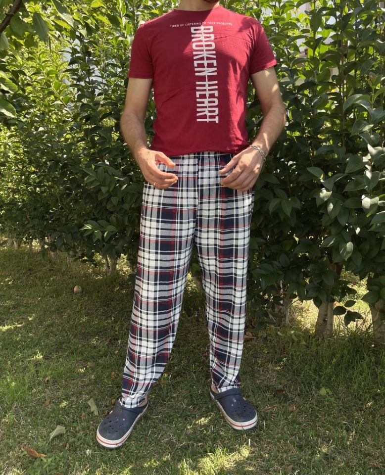 Erkek %100 Pamuk Cepsiz Beli Lastikli Pijama Altı Eşofman Bordo Lacivert Kare - S