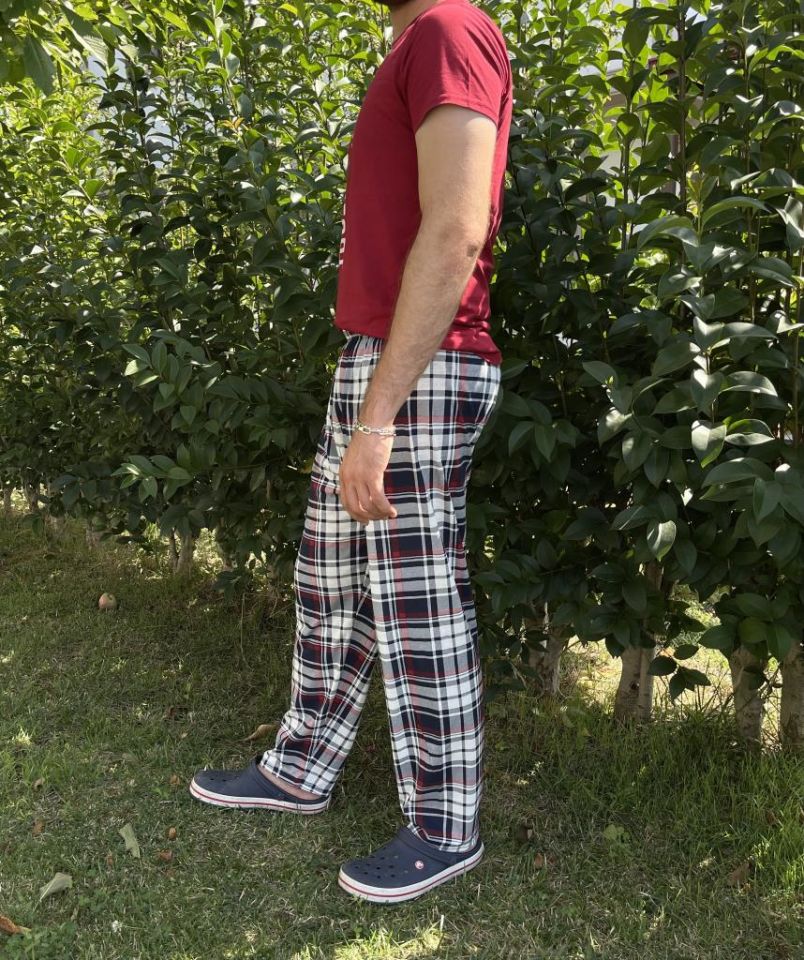 Erkek %100 Pamuk Cepsiz Beli Lastikli Pijama Altı Eşofman Bordo Lacivert Kare - S