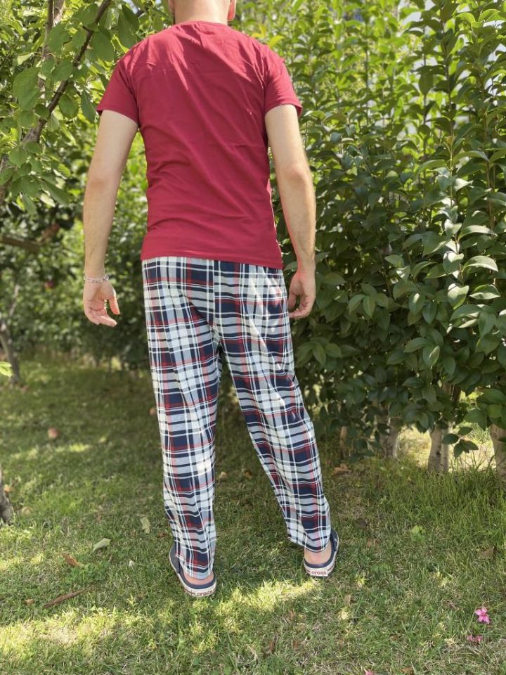 Erkek %100 Pamuk Cepsiz Beli Lastikli Pijama Altı Eşofman Bordo Lacivert Kare - S
