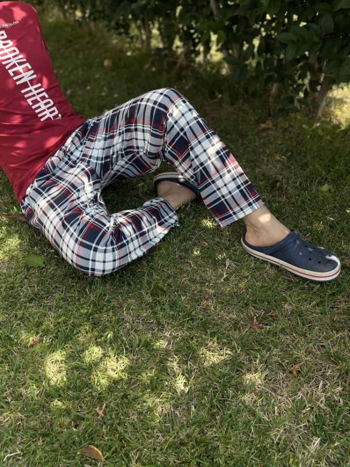 Erkek %100 Pamuk Cepsiz Beli Lastikli Pijama Altı Eşofman Bordo Lacivert Kare - S