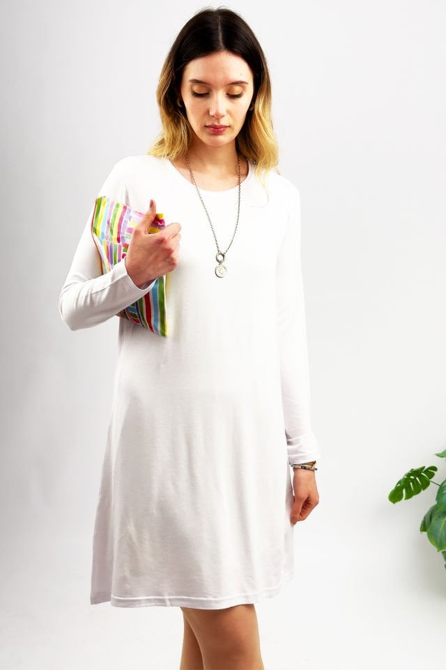  Kadın Uzun Kol Bisiklet Yaka Penye Tunik Içlik Dış Giyim BEYAZ - 2XL/3XL