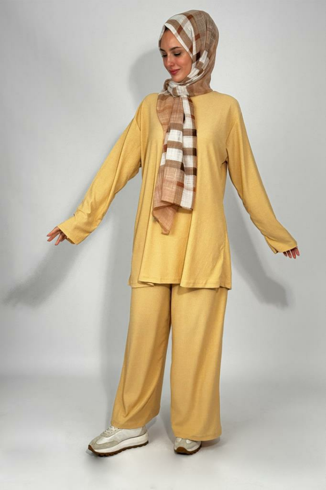 Kadın Tunik Pantolon Alt Üst İkili Rahat Kalıp Tesettür Takım BEJ - XL