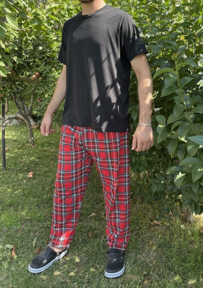 Erkek %100 Pamuk Cepsiz Beli Lastikli Pijama Altı Eşofman Kırmızı Yeşil Kare - S