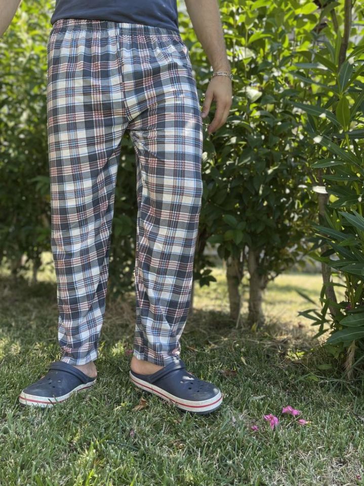 Erkek %100 Pamuk Cepsiz Beli Lastikli Pijama Altı Eşofman Kahverengi Kare - XXL