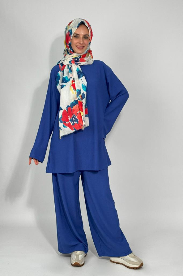 Kadın Tunik Pantolon Alt Üst İkili Rahat Kalıp Tesettür Takım Saks Mavi - S