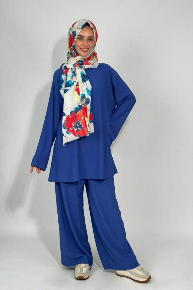 Kadın Tunik Pantolon Alt Üst İkili Rahat Kalıp Tesettür Takım Saks Mavi - L