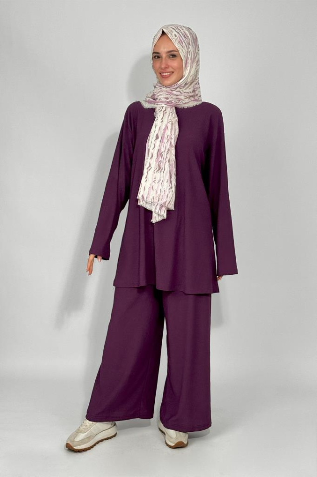 Kadın Tunik Pantolon Alt Üst İkili Rahat Kalıp Tesettür Takım Mürdüm - M